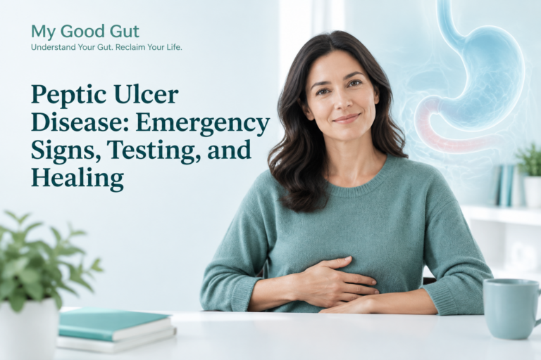 Peptic ulcer disease guide covering emergency signs, testing, and healing