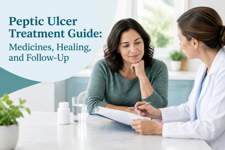 Peptic ulcer treatment guide with a patient discussing medicines and follow-up care