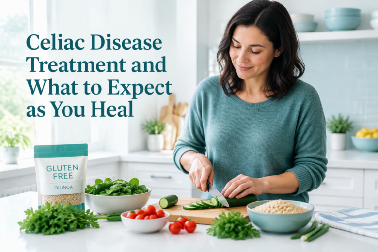 Celiac disease treatment: adult preparing a gluten-free meal beneath the article title