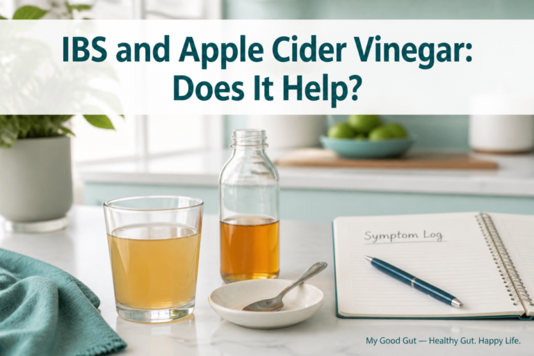 IBS and Apple Cider Vinegar: Does It Help? cover with ACV glass and symptom log