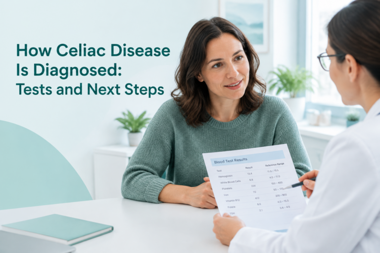 How Celiac Disease Is Diagnosed: Tests and Next Steps, with a patient reviewing test results with a clinician
