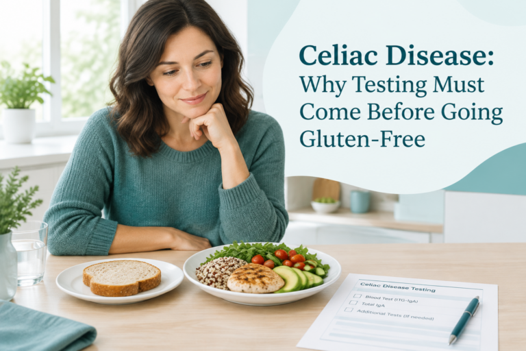Celiac disease testing before going gluten-free, with bread and a meal at a bright kitchen table