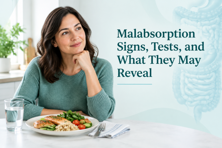 Malabsorption signs, tests, and causes illustrated with a gut health and nutrition scene