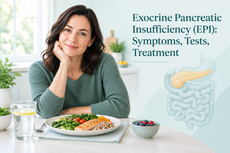 Exocrine pancreatic insufficiency symptoms, tests, and treatment with a pancreas health illustration
