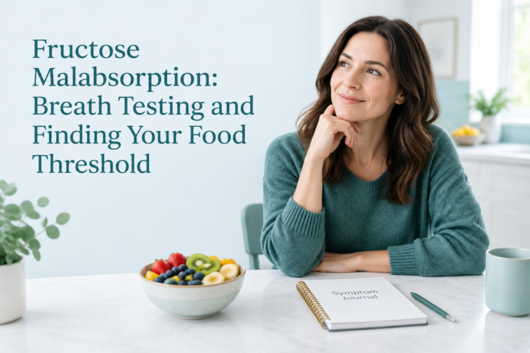 Fructose malabsorption guide cover with fruit, a symptom journal, and the breath testing title