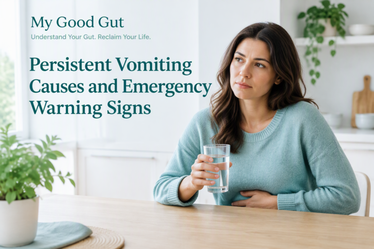 Persistent vomiting causes and emergency warning signs cover with an adult holding water
