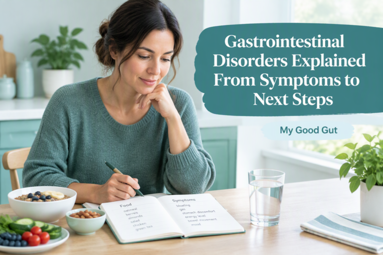 Gastrointestinal disorders guide cover with a person reviewing a digestive symptom journal
