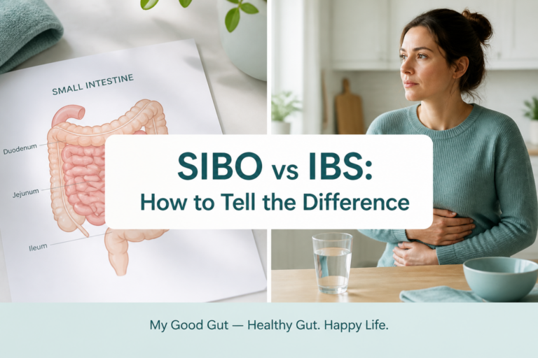 Cover image: SIBO vs IBS title with small intestine and person holding abdomen