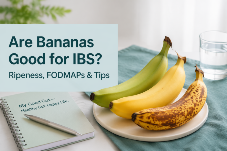 Are Bananas Good for IBS? cover with three bananas at different ripeness levels