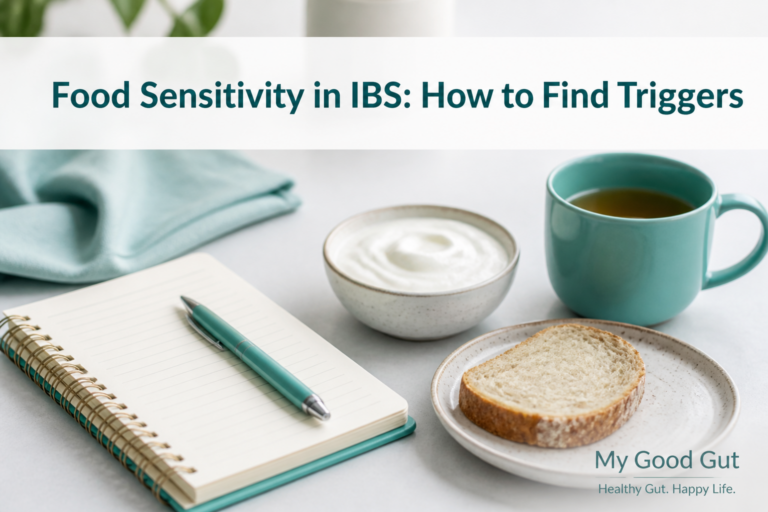 Cover photo with title: Food Sensitivity in IBS: How to Find Triggers, soothing teal-themed scene