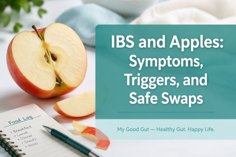 Cover image: IBS and Apples: Symptoms, Triggers, and Safe Swaps with sliced apple and food log