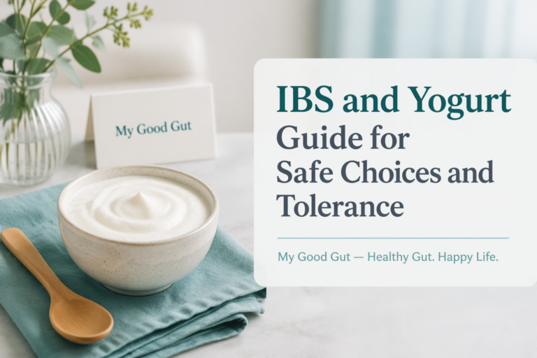 Featured cover with yogurt and title: IBS and Yogurt Guide for Safe Choices and Tolerance