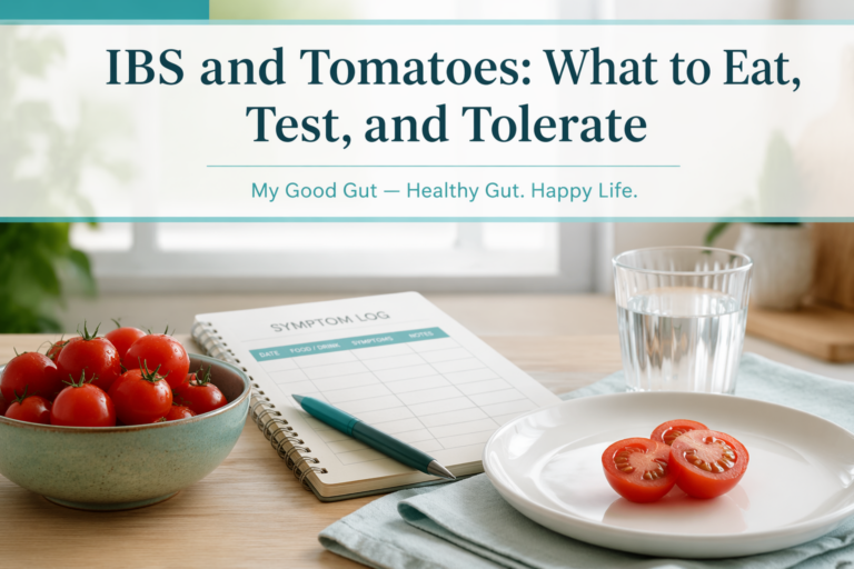 Cover image showing tomatoes and symptom log for 'IBS and Tomatoes: What to Eat, Test, and Tolerate'