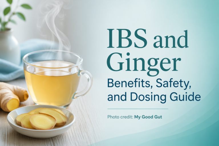 Featured image: IBS and ginger benefits, safety, and dosing guide with ginger tea and fresh root