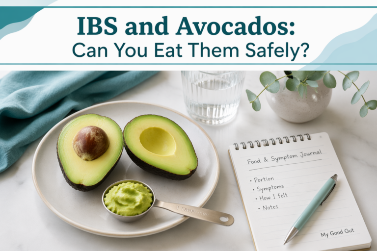 Featured image: halved avocado, measuring spoon, and title overlay about avocado and IBS