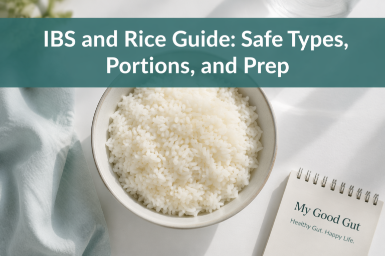 Featured image: bowl of white rice with title 'IBS and Rice Guide: Safe Types, Portions, and Prep'