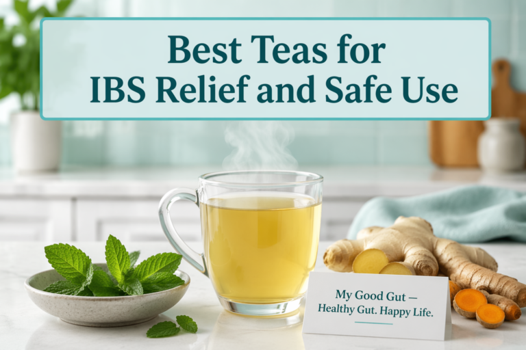 Cover photo of herbal teas and roots with title 'Best Teas for IBS Relief and Safe Use'