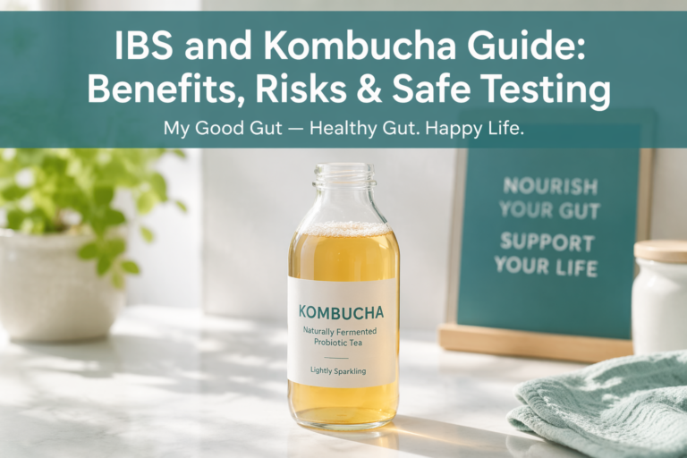 Cover photo: kombucha bottle with title 'IBS and Kombucha Guide: Benefits, Risks & Safe Testing'