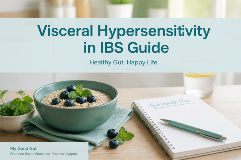 Cover showing food, notebook and banner titled Visceral Hypersensitivity in IBS Guide