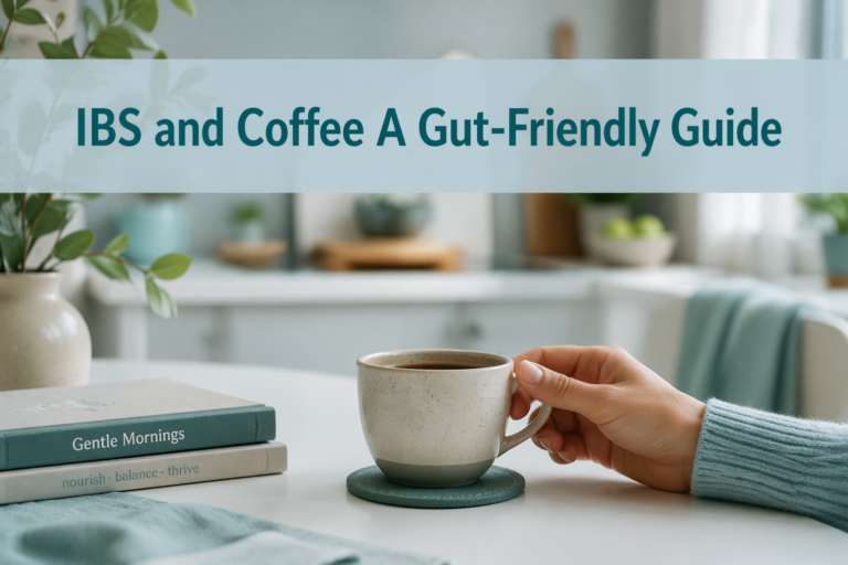 Cover photo: coffee cup on white table with title 'IBS and Coffee A Gut-Friendly Guide'