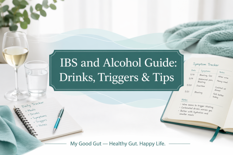 Cover image: IBS and Alcohol Guide title with glass, water, and symptom tracking notes