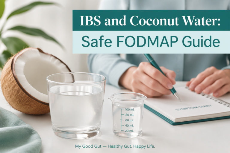 IBS and coconut water FODMAP guide cover with coconut water, measuring cup, and diary