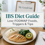 IBS Diet Guide Low-FODMAP Foods, Triggers & Tips cover with low-FODMAP meal and food log