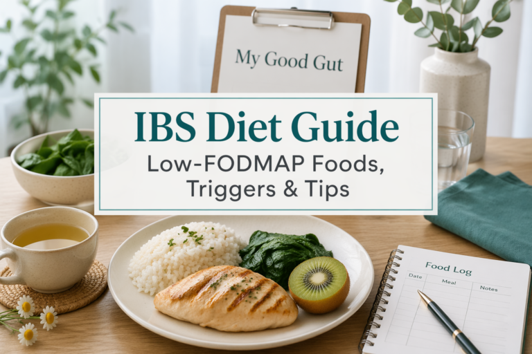 IBS Diet Guide Low-FODMAP Foods, Triggers & Tips cover with low-FODMAP meal and food log