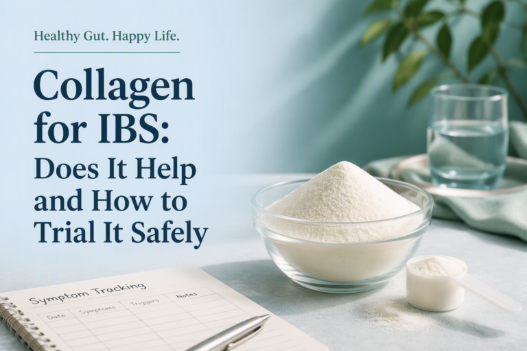 Collagen for IBS supplement, symptom tracker, and article title