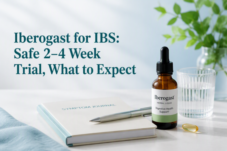Iberogast for IBS 2–4 week trial with herbal drops, softgels, and symptom journal