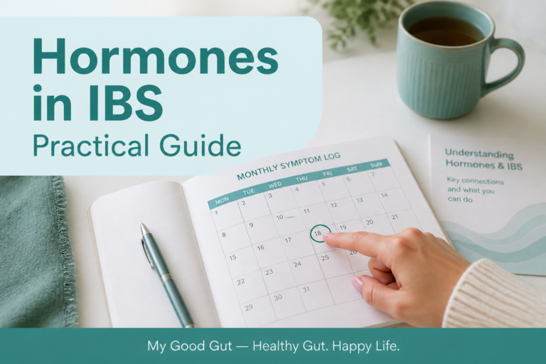 Cover image with notebook and title 'Hormones in IBS Practical Guide' for My Good Gut