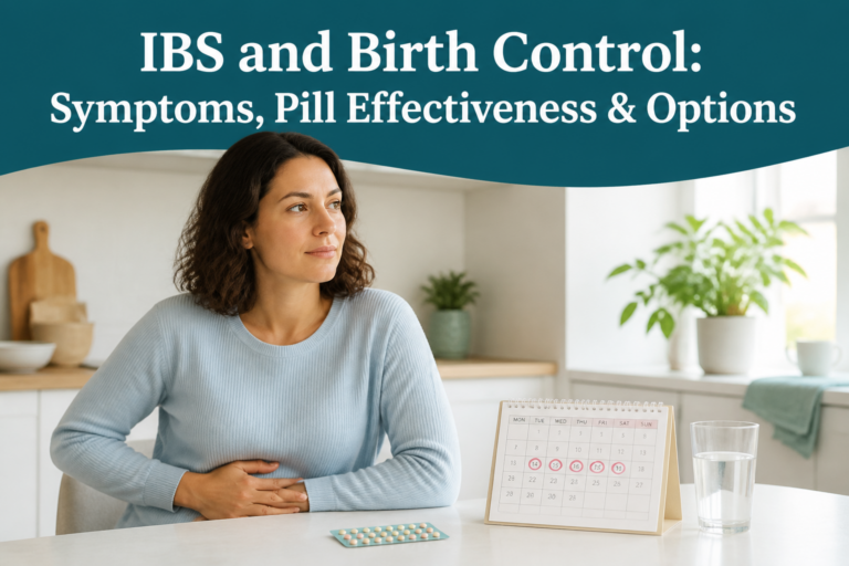 IBS and birth control guide with contraceptive pills, symptom tracking, and digestive health visuals