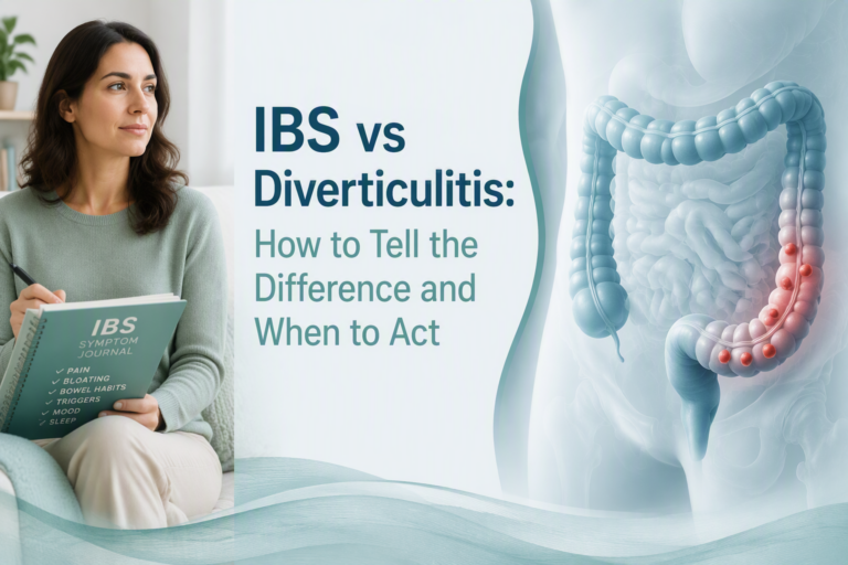IBS vs diverticulitis comparison with symptom journal and colon illustration