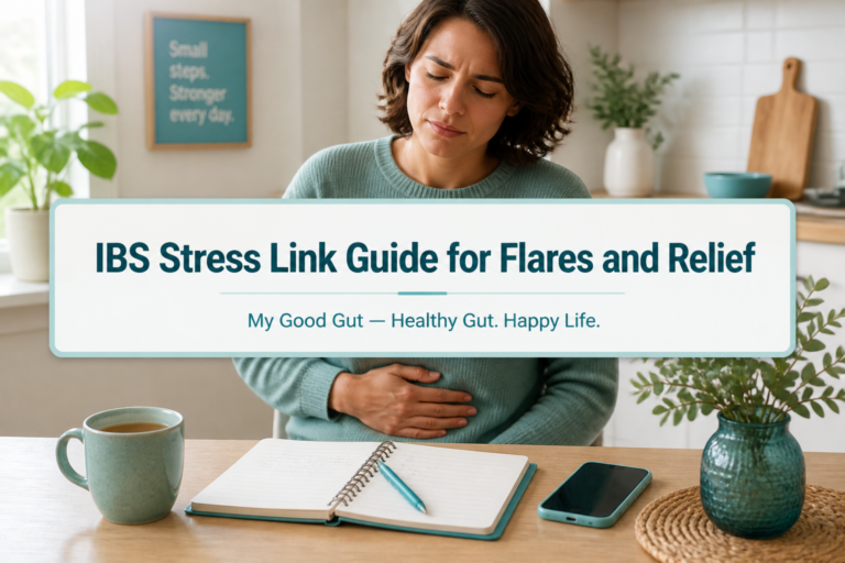 Cover: IBS Stress Link Guide for Flares and Relief title over calm scene of person at table holding abdomen
