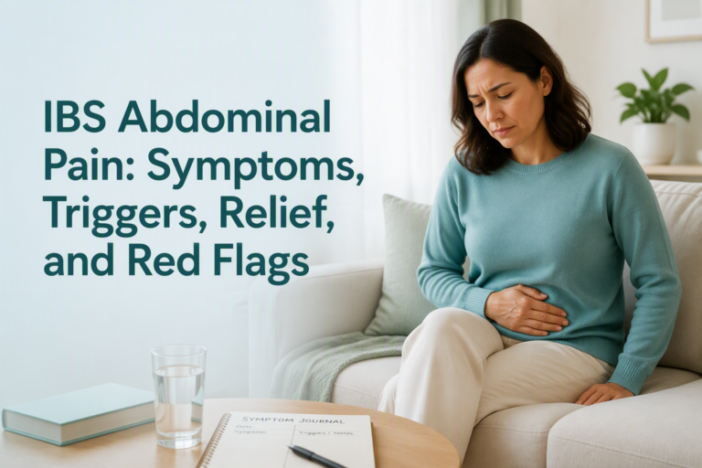 IBS abdominal pain symptoms, triggers, relief, and red flags cover image