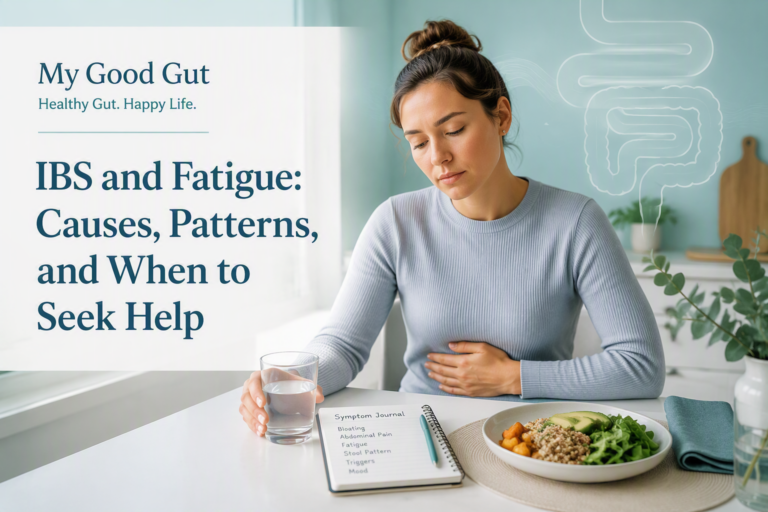 IBS and fatigue symptoms with a tired adult, water, and symptom journal