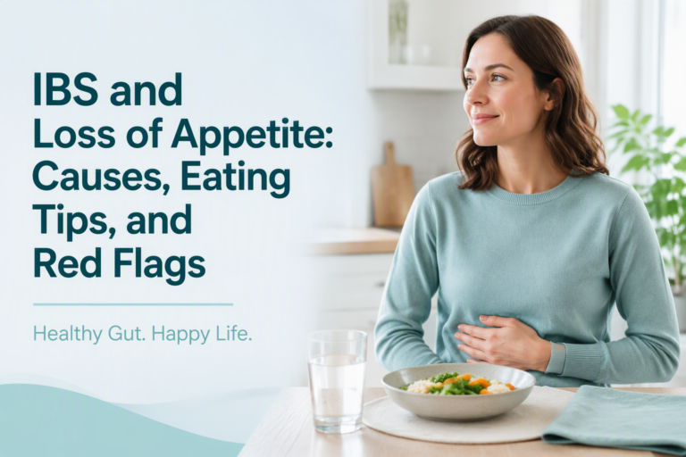 IBS and loss of appetite guide with a small meal, hydration, and calming digestive health imagery