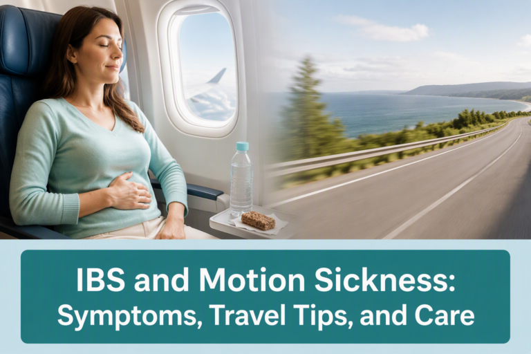 IBS and motion sickness travel tips with a traveler experiencing nausea