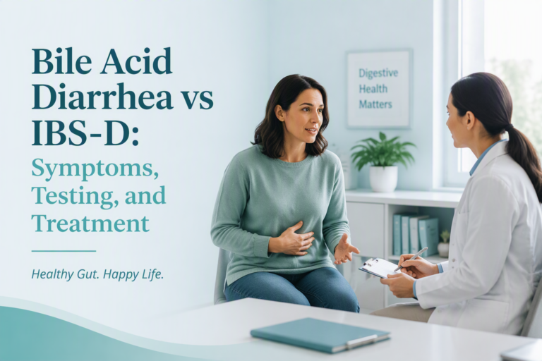 Bile acid diarrhea vs IBS-D consultation cover for symptoms, testing, and treatment