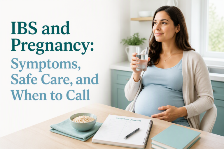 IBS and pregnancy symptoms and safe care with a calm pregnant adult