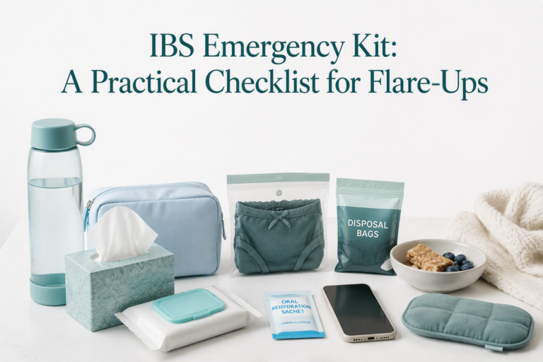 IBS emergency kit with wipes, spare clothing, water, food, and symptom supplies