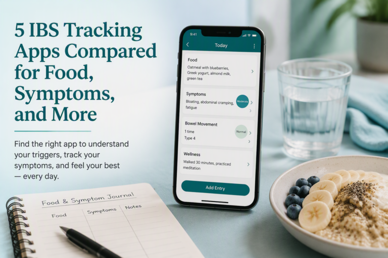 5 IBS tracking apps compared on a smartphone for food, symptoms, and bowel movements