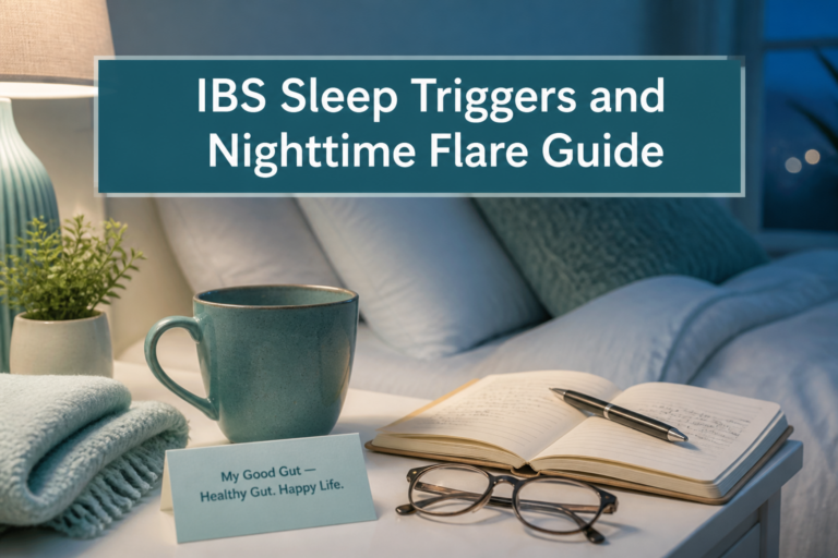 Cover: IBS Sleep Triggers and Nighttime Flare Guide on bedside scene with teal accents