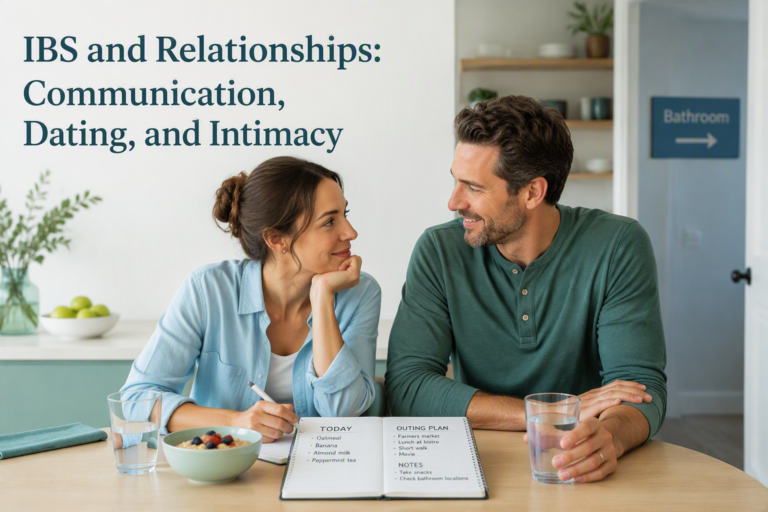 Couple discussing IBS, communication, dating, and intimacy at home