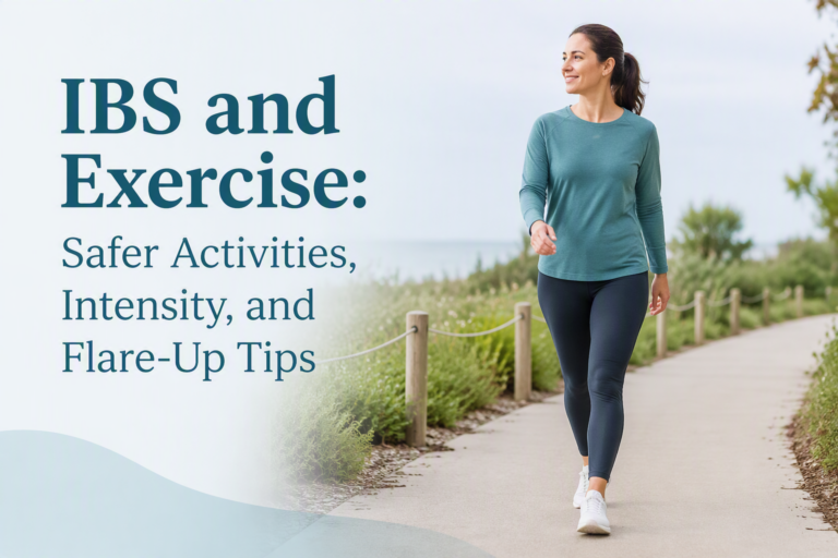 IBS and exercise guide with adult walking comfortably outdoors