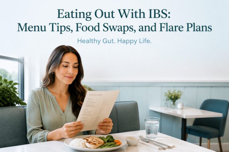 Eating out with IBS: diner reviewing a menu with simple food swaps and a flare plan