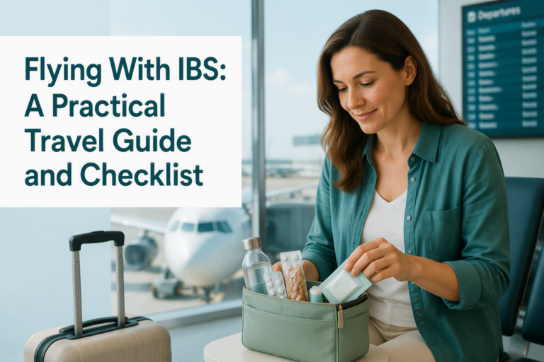 Flying With IBS travel guide with a prepared passenger and airport essentials