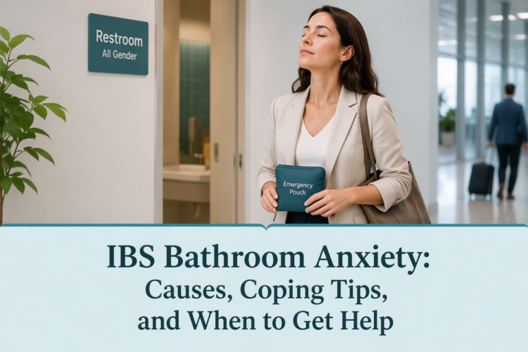 IBS bathroom anxiety coping tips with an adult calmly preparing near a restroom