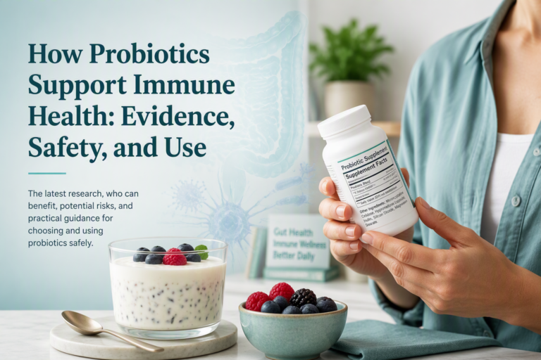 Probiotics and immune health with yogurt, supplement label, and gut-health imagery