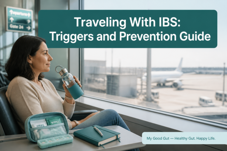 Traveling With IBS: Triggers and Prevention Guide cover — traveler with water bottle and travel kit